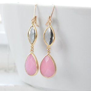 Bezel Set Dangle Earrings Gold Pink and Grey